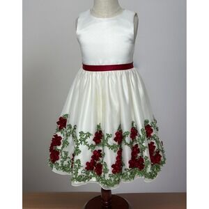 American Princess Ivory Satin With Red Chiffon  Appliqué Tulle Dress  Size 6